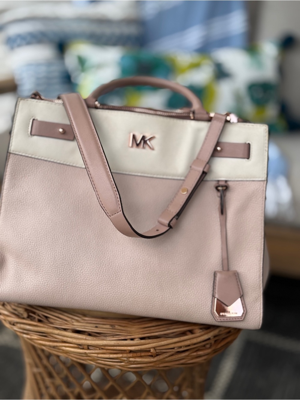 Michael Kors Two-Tone Pink and Cream Leather Satchel with Shoulder Strap